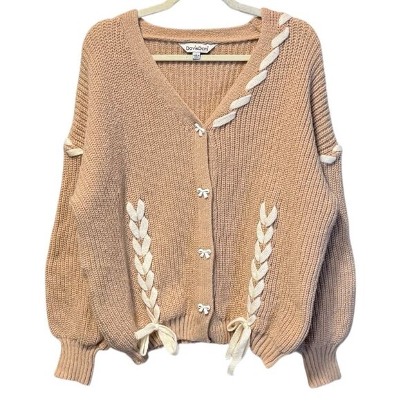 Davi & Dani Tan Lace-Up Ribbon Bow Button Down Cardigan Size Large NWT - Picture 12 of 12
